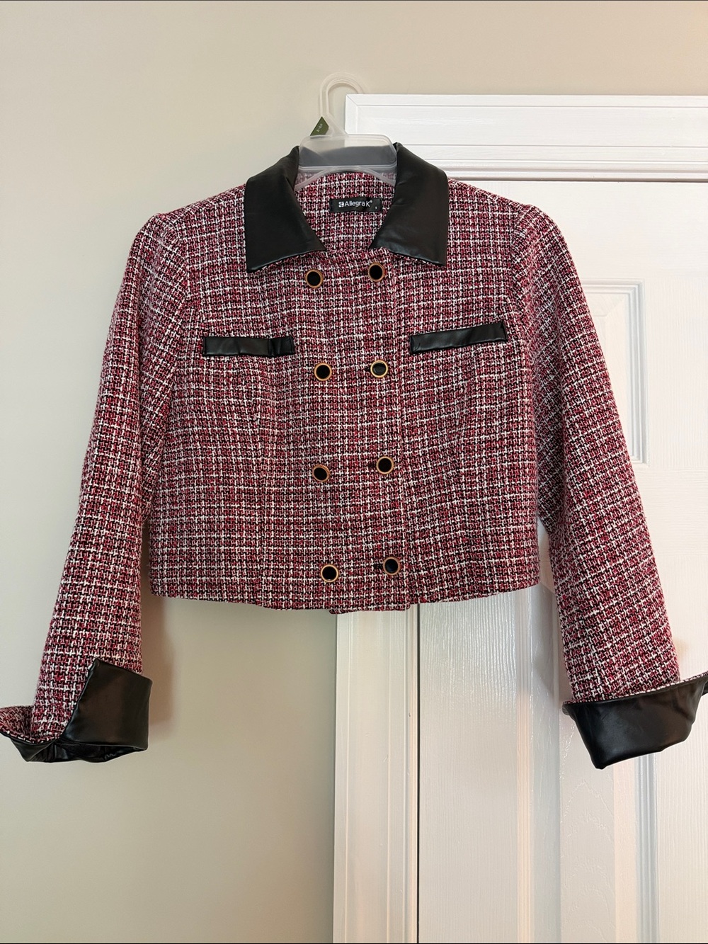 Allegra K Red and White Tweed Cropped Double-Breasted Blazer with Black Trim